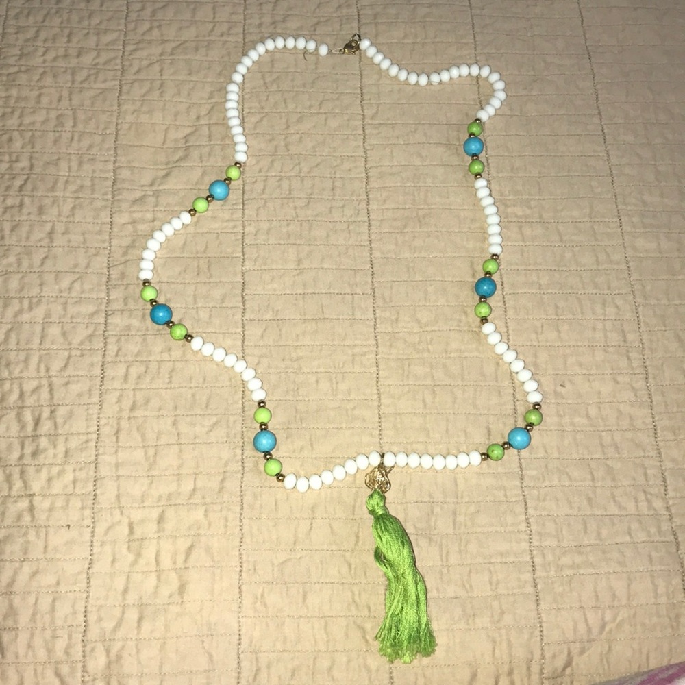Green white and blue beaded necklace